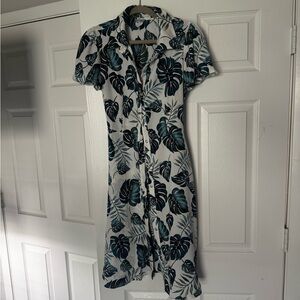 NAIF Teal and White Tropical Button-Front Mini Dress